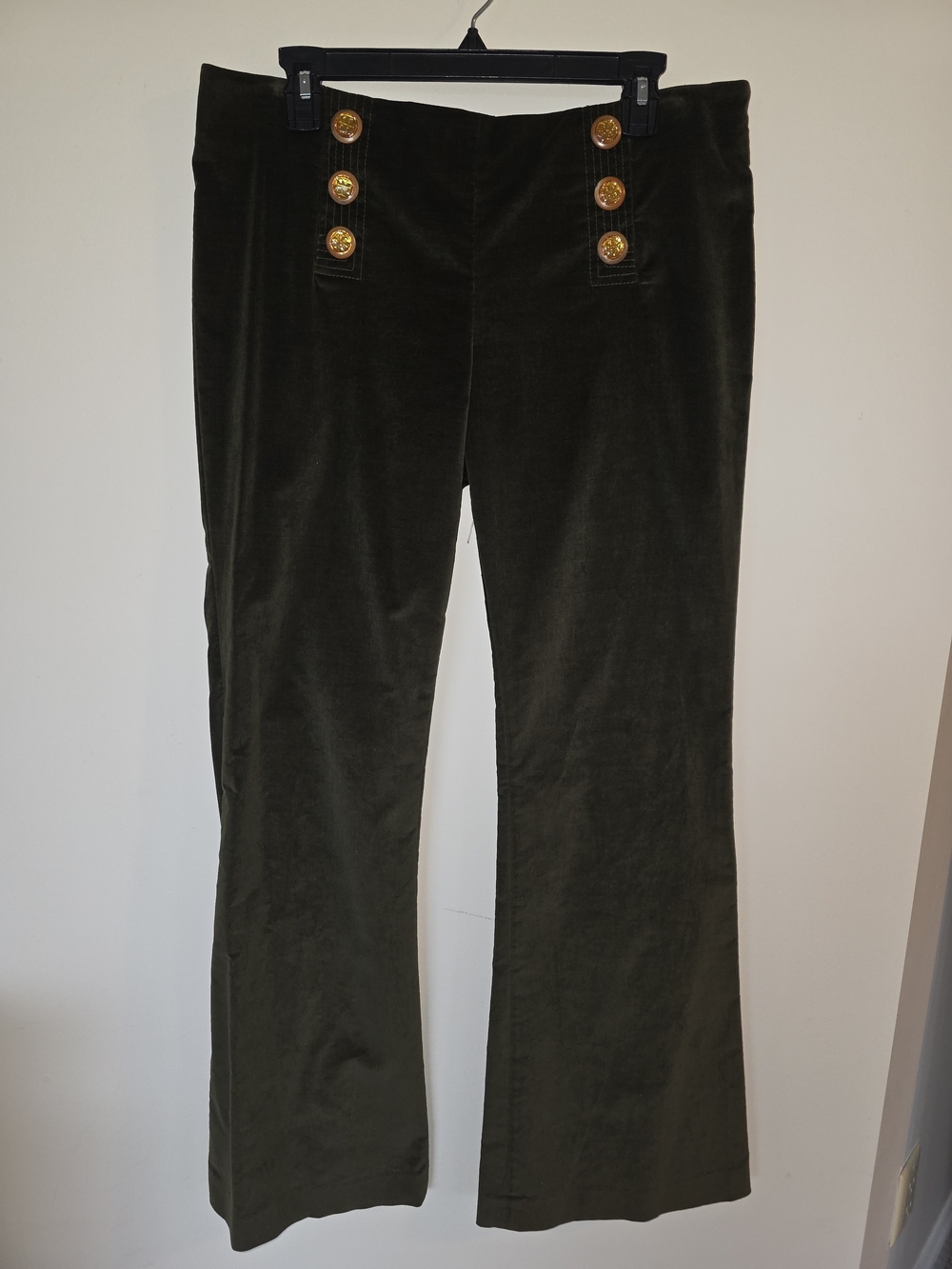 Tory Burch Olive Green Veleteen Button Front Flare Pant Women 12 Vintage